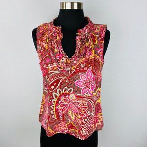 Ann Taylor Loft Pink Brown Ruffled Split V Neck Bohemian Paisley Top Petites S